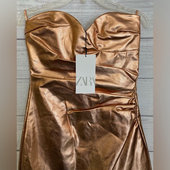 ZARA | NWT Women’s Strapless Bronze Metallic Mini Dress - Picture 4 of 8